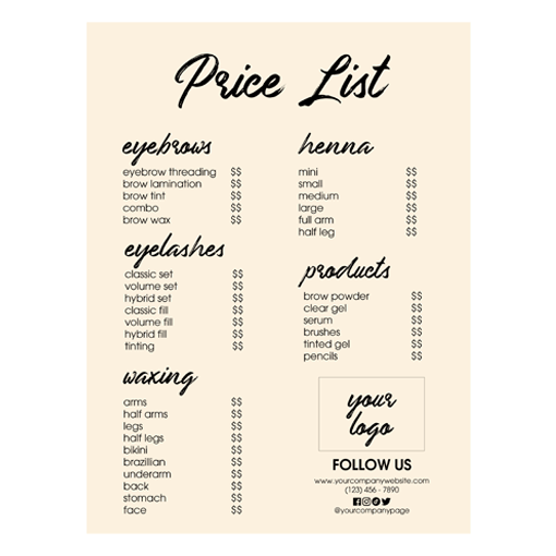 Price List Posters Eyebrowz Wholesale