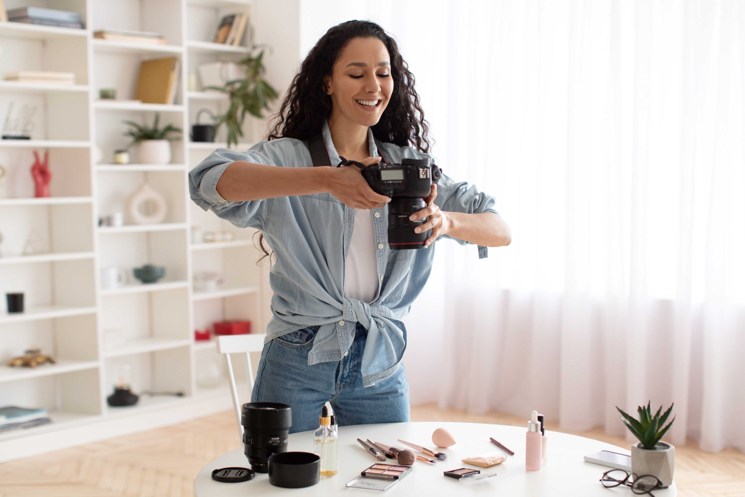 A business owner photographing her private label beauty line