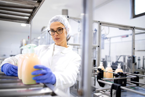 Manufacturing facility for cosmetics, illustrating quality control measures